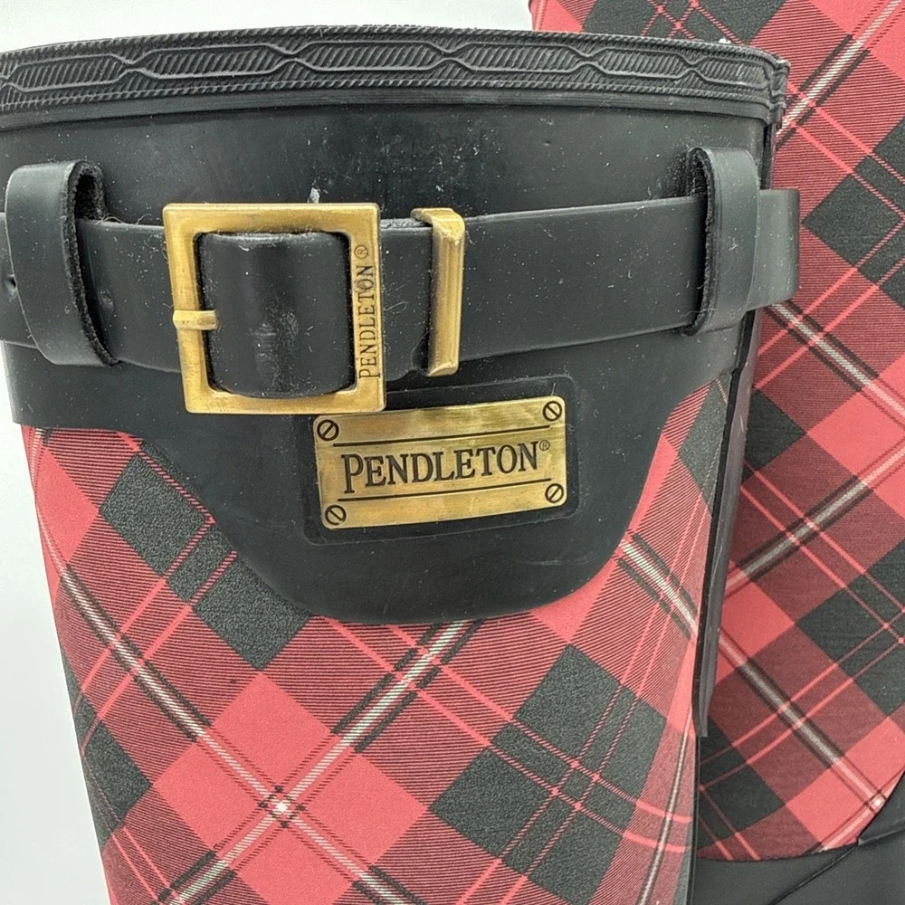 Pendleton Heritage Tall Rubber Rain Boots Red/Black Tartan‎ Women's Sz 8